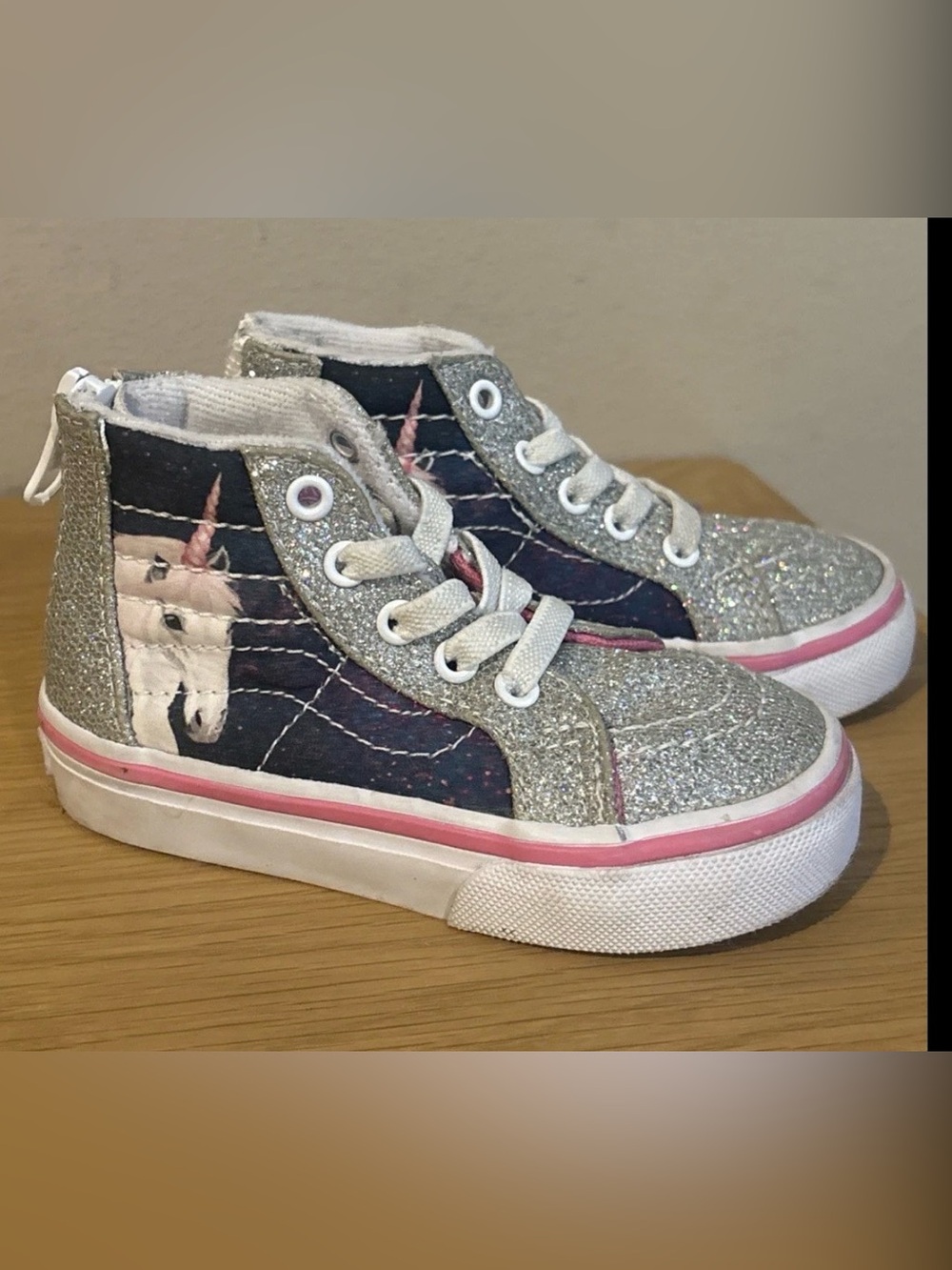 VANS  HIGH TOP SNEAKER SILVER GLITTER UNICORN SPARKLE SHOES Skaters Toddler 5